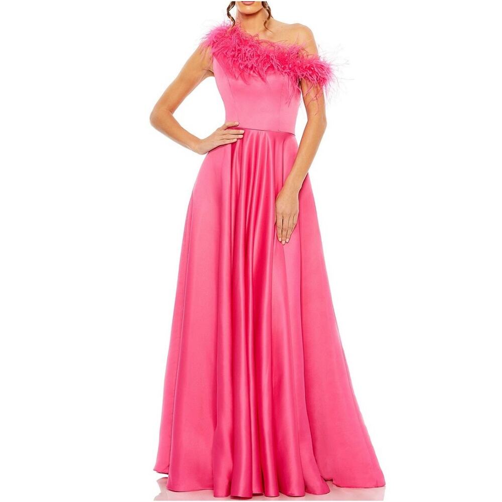 Mac Duggal 11684 Pink Evening Gown Satin Feather Trim One Shoulder Dress Size 8